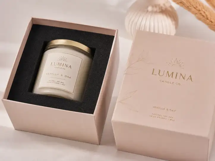 Custom candle gift box with a jar candle held in a round EVA foam insert