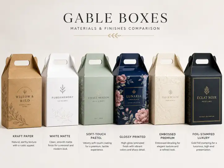 Custom gable boxes with handles in different materials and finishes