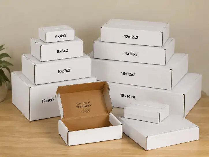 Custom mailer boxes in multiple standard sizes stacked together