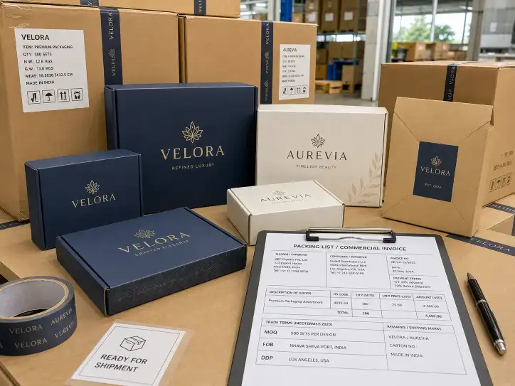 Custom packaging boxes ready for shipping with MOQ FOB and DDP terms on shipping documents