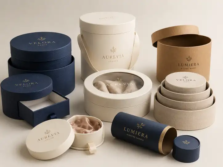 Custom round gift boxes in different structures and materials displayed together