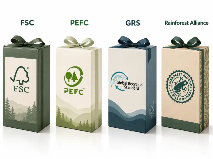 Four eco-certification labels: FSC, PEFC, GRS, and Rainforest Alliance — shown on gift box packaging mockups