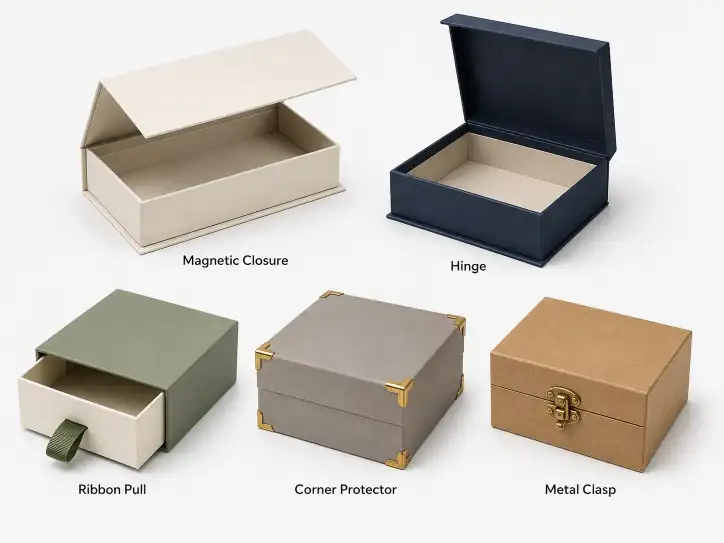 Five gift box hardware categories: magnetic closure, hinge, ribbon pull, corner protector, and metal clasp — shown on rigid box samples