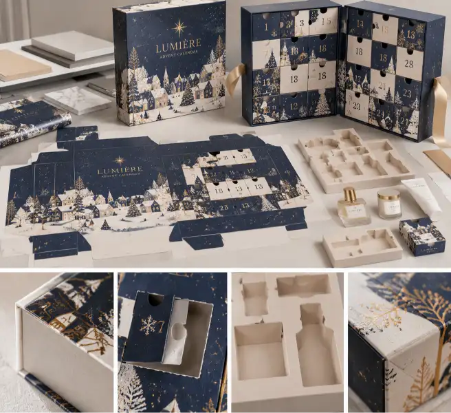Advent calendar packaging dieline and printed sample showing numbered door alignment