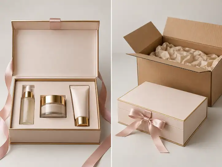 Custom skincare gift box designed for retail presentation and ecommerce shipping