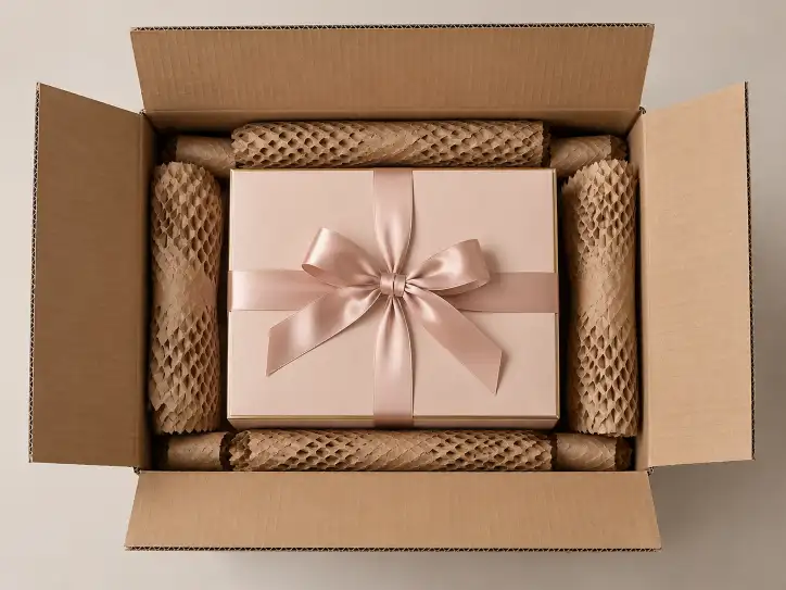 Protective ecommerce packaging for cosmetic gift boxes inside a corrugated shipping carton