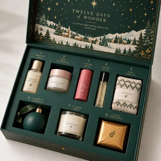 Custom paperboard inserts and product compartments inside an advent calendar gift box