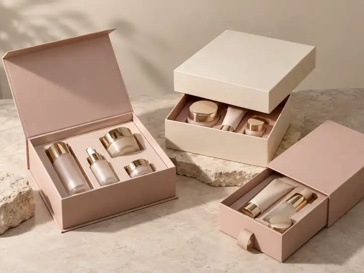 Magnetic closure lid and base and drawer rigid boxes for retail cosmetic packaging