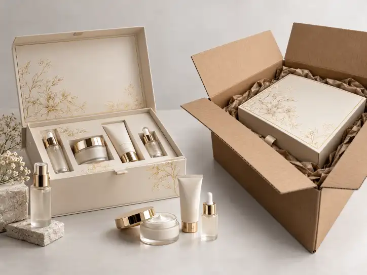 Retail vs ecommerce cosmetic packaging with rigid skincare gift boxes and protective shipping cartons