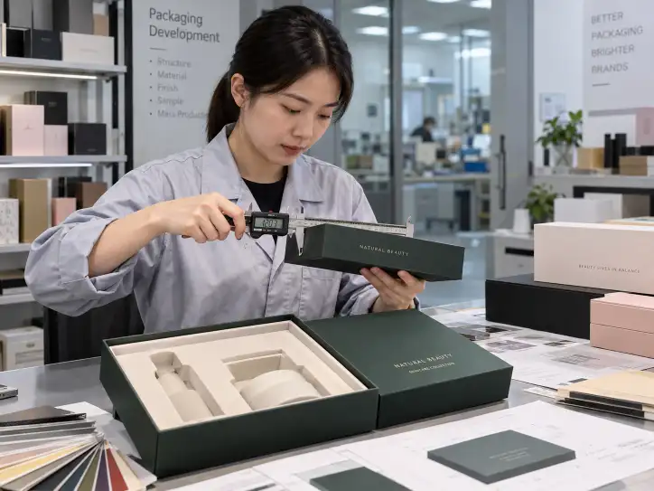 Quality inspection of custom cosmetic packaging box samples and fitted inserts