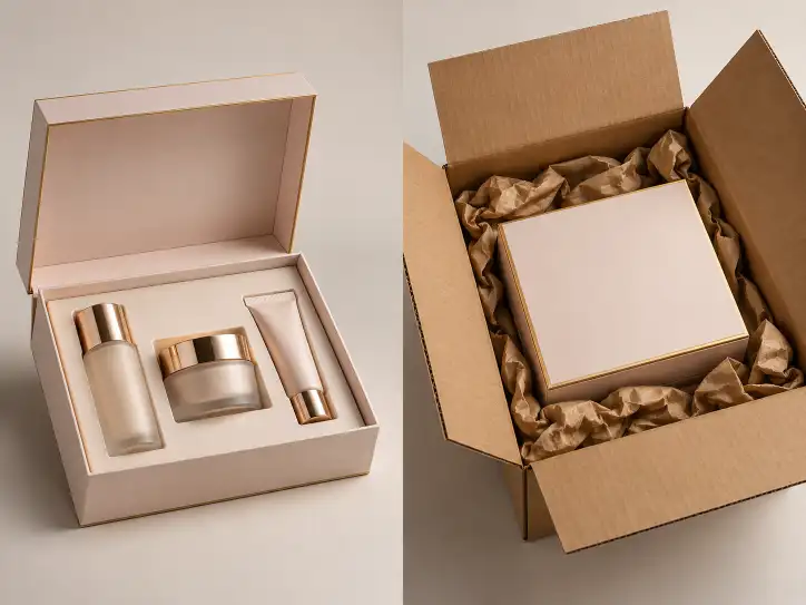 Comparison of retail cosmetic gift box packaging and ecommerce shipping packaging